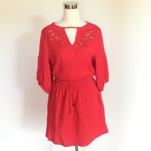 Red Orange Long Puff Sleeve Summer Flowy Mini Dress Medium